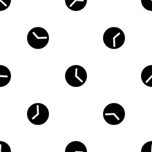 Seamless Pattern Of Repeated Black Time Symbols. Elements Are Evenly Spaced And Some Are Rotated. Vector Illustration On White Background