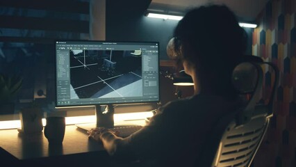 Male 3D designer working on 3D modeling project of house and making exterior in professional computer program, using pc while sitting at the table at home in the evening.