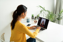 Closeup Business Woman Talking To Her Colleagues Video Conference.