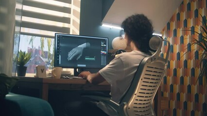 Wall Mural - male designer sitting on chair at the table at home office and making 3d prototype of human hand in 