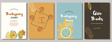 Set Of Vector Invitations, Menu, Card Design With Character Hedgehog, Snail, Pumpkin Maple Leaves, Abstract Flowers, Spots, Autumn Palette. Suitable For Thanksgiving Dinner Or Fall Birthday. 