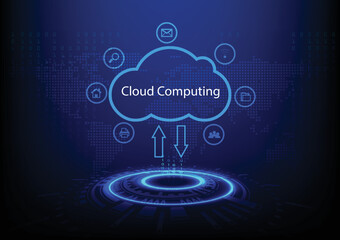 Sticker - Graphics design Hitech Technology Cloud computing concept. Computer accessing online network communications from the cloud, vector illustration