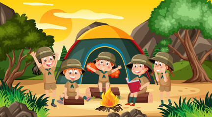Wall Mural - Children camping out forest scene