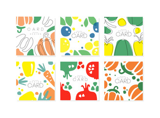  Abstract vegetable and fruit card design set. Banner, poster, cover, background with pepper, pomegranate, carrot, pumpkin cartoon vector illustration