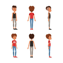 Wall Mural - Full length portrait of teenage boy and girl posing back, front and side view set cartoon vector illustration