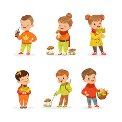 Wall Mural - Cute kids in warm clothes walking outdoors in autumn season set. Girl and boys picking mushrooms and collecting leaves cartoon vector illustration