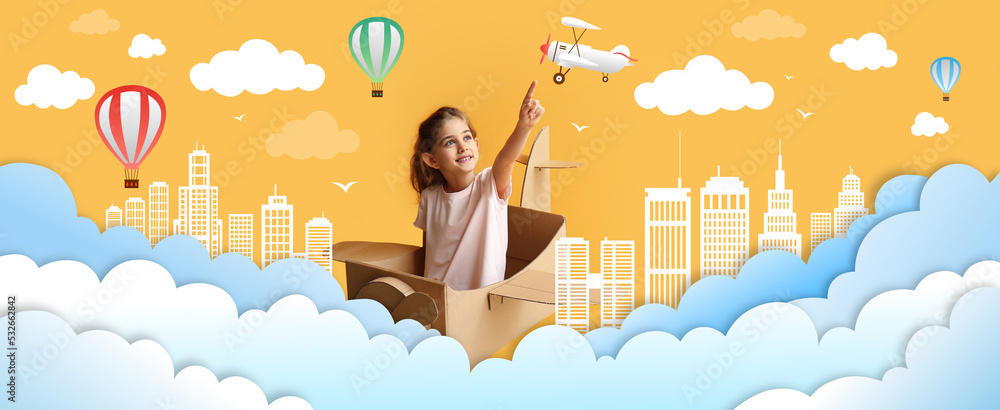 Little girl with cardboard airplane flying in drawn sky Stock Photo ...
