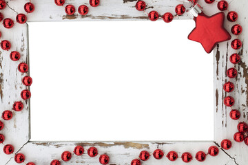 Wall Mural - White old wood frame with christmas star and pearls in red. Copy space in the center. Christmas card with blank center  isolated on transparency photo png file 