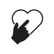 Finger Click On The Heart Icon. Click Heart Line Symbol. Finger Pointing To Heart Icon. Selection, Or Clicking On The Symbol. Vector Illustration