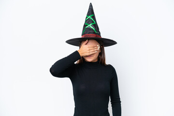 Poster - Young caucasian woman costume as witch isolated on white background covering eyes by hands. Do not want to see something