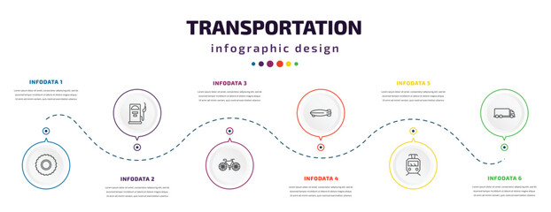 transportation infographic element with icons and 6 step or option. transportation icons such as all terrain, fuel dispenser, vintage bicycle, dirigible, tram, lorry vector. can be used for banner,