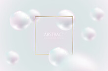 Flying White Natural Pearl Sphere With Highlight Reflection, Blur On Light Pearly Background. Luxury Jewelry Pearl With Thin Gold Frame. Vector Abstract Delicate Background For Beauty Advertisement