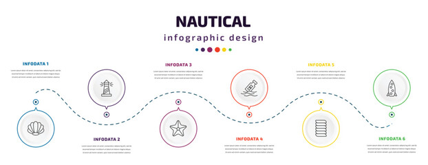 Wall Mural - nautical infographic element with icons and 6 step or option. nautical icons such as big shell, ligh