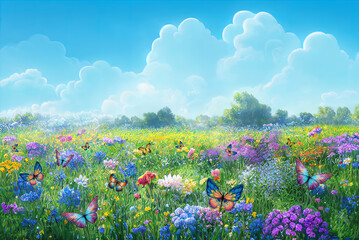 Children's painted colored wallpaper. Colorful illustration of a wide summer meadow with flowers and butterflies. Design for a children's room, wallpaper, photo wallpaper.