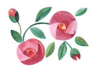 Composition of decorative pink roses, watercolor illustration of round roses and loaves of green leaves