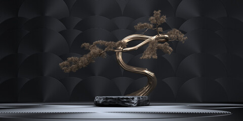 Wall Mural - japanese style minimal abstract background.podium and gold bonsai tree with dark background for prod