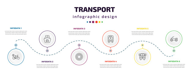 Wall Mural - transport infographic element with icons and 6 step or option. transport icons such as bicycle rental, ferry carrying cars, alloy wheel, bus front with driver, prison bus, quad bike vector. can be