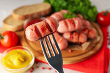 Concept Of Tasty Food, Grilled Mini Sausage, Close Up
