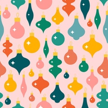 Christmas Bauble Seamless Pattern On Pink Background. Cute Flat Xmas Tree Balls With Tiny Sparkles. Perfect Retro Print For Fabric, Wrapping Paper Or Cover.