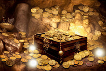 Open Treasure Chest Hidden In A Cave, Many Gold Coins And Lights, 3d Illustration