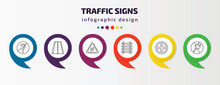 Traffic Signs Infographic Template With Icons And 6 Step Or Option. Traffic Signs Icons Such As No Doubt, Highway, Right Reverse Bend, Railway, Hospital, No Plug Vector. Can Be Used For Banner, Info