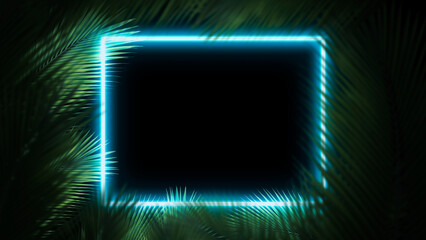 leaves coconut palm Green tropical with a square neon light in the center on black background, Natural leaves background