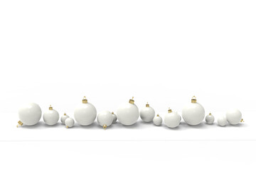 Wall Mural - row of pure shiny white christmas banner baubles with golden brackets on white plank - 3d illustrati