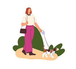 Sticker - Woman, dog owner walking with puppy, leading it on leash. Girl going with doggy, strolling outdoors in nature. Female character and cute pup. Flat vector illustration isolated on white background