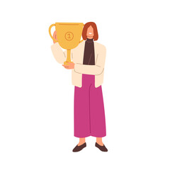 Winner and trophy, award. Business woman holds gold cup, goblet in hand for first place. Prize for victory, success, achievement concept. Flat graphic vector illustration isolated on white background