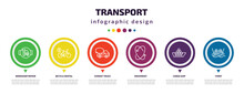 Transport Infographic Element With Icons And 6 Step Or Option. Transport Icons Such As Workshop Repair, Bicycle Rental, Cement Truck, Movement, Cargo Ship, Ferry Vector. Can Be Used For Banner, Info