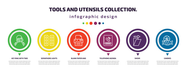 tools and utensils collection. infographic element with icons and 6 step or option. tools and utensils collection. icons such as key ring with two keys, semaphore lights, blank paper printer,