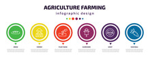 Agriculture Farming Infographic Element With Icons And 6 Step Or Option. Agriculture Farming Icons Such As Bread, Farmer, Plant Seeds, Scarecrow, Sheep, Vegetable Vector. Can Be Used For Banner,