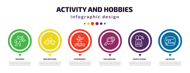 activity and hobbies infographic element with icons and 6 step or option. activity and hobbies icons such as repairing, bird watching, hydroponics, dish washing, couple huging, aquarium vector. can