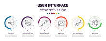 User Interface Infographic Element With Icons And 6 Step Or Option. User Interface Icons Such As Crossover, Data Analytics Tings, Scribble Broken Line, Display Size, Back Drawn Arrow, Back Arrow