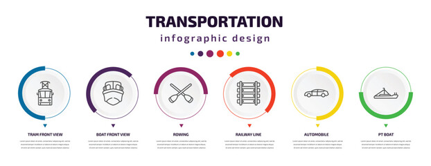 transportation infographic element with icons and 6 step or option. transportation icons such as tram front view, boat front view, rowing, railway line, automobile, pt boat vector. can be used for