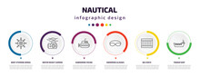 Nautical Infographic Element With Icons And 6 Step Or Option. Nautical Icons Such As Boat Steering Wheel, Water Resist Camera, Submarine Facing Right, Swimming Glasses, Big Crate, Tanker Ship