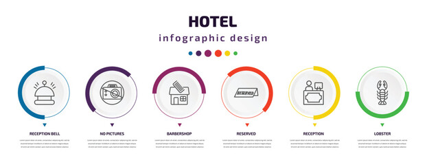 Wall Mural - hotel infographic element with icons and 6 step or option. hotel icons such as reception bell, no pictures, barbershop, reserved, reception, lobster vector. can be used for banner, info graph, web,