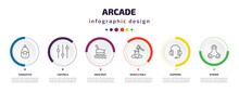 Arcade Infographic Element With Icons And 6 Step Or Option. Arcade Icons Such As Tamagotchi, Controls, Swan Boat, Whack A Mole, Earphone, Spinner Vector. Can Be Used For Banner, Info Graph, Web,