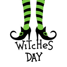 Festive Halloween Card With Legs In Striped Stockings. Witches Day