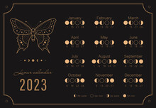 Moon Calendar 2023 Year. Lunar Phases Shedule Template. Boho Astrological Poster With Mystic Butterfly. Vintage Vector Illustration.