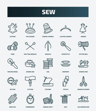 Set Of 25 Special Lineal Sew Icons. Outline Icons Such As Leather, Pin Cushion, Sewing, Needles, Tracing Wheel, Grommet, Cutting, Sewing Scissors, Sewing Craft, Knit Line Icons.