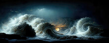 Seascape Night Fantasy Of Beautiful Waves With Full Moon