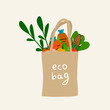 Reusable grocery eco bag with vegetables isolated from white background. Zero Waste (Say no to plastic) and food concept. Vector
