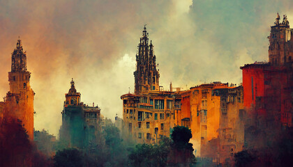 Wall Mural - Barcelona cityscape buildings house sky painting