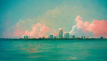 Wall Mural - Miami cityscape ocean buildings  colorful water sky