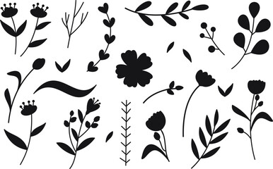 Wall Mural - Collection of Flower and branches doodle isolated vector Silhouettes