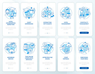Hotel and restaurant management blue onboarding mobile app screen set. Walkthrough 5 steps editable graphic instructions with linear concepts. UI, UX, GUI template. Myriad Pro-Bold, Regular fonts used