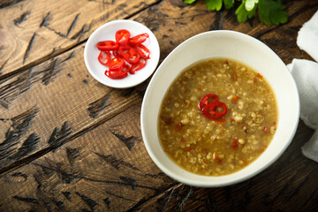 Canvas Print - Traditional homemade lentil soup with chili pepper