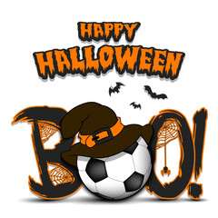 Wall Mural - Happy Halloween. Banner Boo and Soccer ball with witch hat. Design pattern for banner, poster, greeting card, flyer, party invitation. Vector illustration on an isolated background