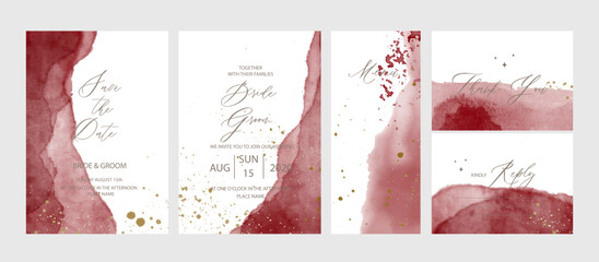 Wall Mural - Watercolor burgundy wedding invitation template with calligraphy.